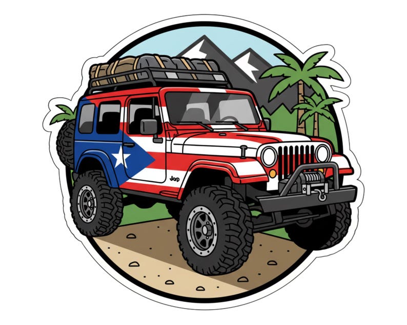 Op de afbeelding: Een sticker met een cartoon Jeep met het ontwerp van de Puerto Ricaanse vlag. De rood-wit gestreepte Jeep heeft een blauw gedeelte met een witte ster. De Jeep heeft een dakrek, grote banden en staat tegen een achtergrond van bergen en palmbomen.