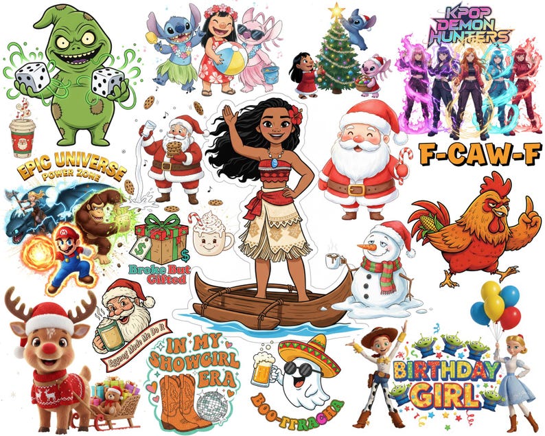 Pu&ograve; includere: Una collezione di adesivi colorati con personaggi dei cartoni animati, temi festivi e testo. Include personaggi di Lilo & Stitch, Moana e Toy Story della Disney, insieme a Babbo Natale, un pupazzo di neve e un gallo. Il testo include "Epic Universe", "Birthday Girl" e "KPOP Demon Hunters".