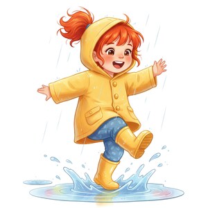 May include: Illustration of a child wearing a yellow raincoat and wellington boots, jumping in a puddle. The child has red hair and is smiling. Rain is falling, and a rainbow is in the puddle.