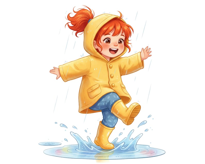 May include: Illustration of a child wearing a yellow raincoat and wellington boots, jumping in a puddle. The child has red hair and is smiling. Rain is falling, and a rainbow is in the puddle.