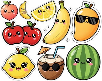 Söt akvarell små frukter Clipart-set - 100 PNG-bilder - Digital nedladdning - Bedårande kawaii fruktillustrationer för barnpyssel, scrapbooking