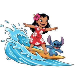 Pu&ograve; includere: Illustrazione di una ragazza in un vestito rosso con fiori bianchi e un fiore rosa tra i capelli che fa surf su una tavola da surf gialla. Un personaggio alieno blu fa surf con lei. L'onda &egrave; blu e bianca.