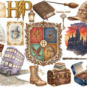May include: A collection of watercolour illustrations featuring Harry Potter imagery. Depicted are a Hogwarts crest, a golden lightning bolt, a book, a broom, a sorting hat, an owl, a double-decker bus, and a chocolate frog box.