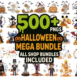 Könnte beinhalten: Ein digitales Grafikpaket mit Halloween-Thema. Das Bild zeigt verschiedene Zeichentrickfiguren und Objekte, die mit Halloween in Verbindung stehen, wie Kürbisse, Geister und Fledermäuse. Der Text lautet "500+ PNGs Halloween Mega Bundle All Shop Bundles Included."