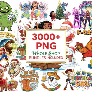 Pu&ograve; includere: Una collezione di immagini PNG colorate con vari personaggi dei cartoni animati, tra cui Stitch, Babbo Natale e Mario. Le immagini includono testo che dice "3000+ PNG Whole Shop Bundles Included" e "Birthday Girl."