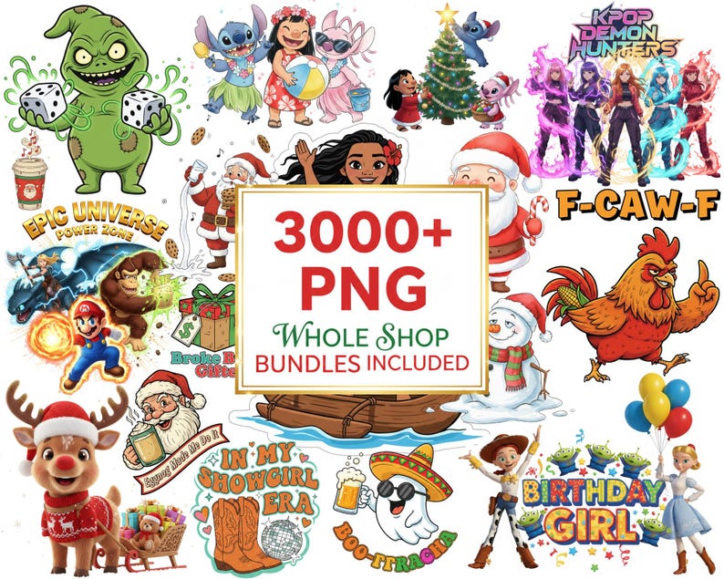 Pu&ograve; includere: Una collezione di immagini PNG colorate con vari personaggi dei cartoni animati, tra cui Stitch, Babbo Natale e Mario. Le immagini includono testo che dice "3000+ PNG Whole Shop Bundles Included" e "Birthday Girl."