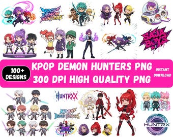 Pode incluir: Uma coleção de designs PNG KPOP Demon Hunters coloridos. A imagem apresenta vários personagens em estilo anime com armas e poses de ação. O texto inclui "100+ Designs" e "300 DPI High Quality PNG". Logotipos e elementos de texto também estão presentes.