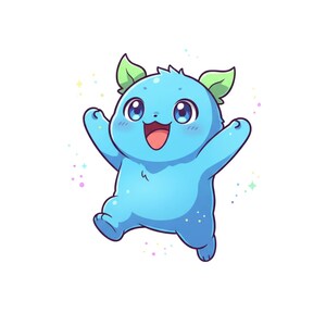 May include: A cartoon illustration of a cheerful, light blue creature with large blue eyes, a smiling red mouth, and green leaf-like ears. The creature is jumping with its arms outstretched, surrounded by colourful sparkles.