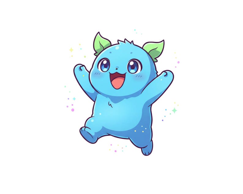 May include: A cartoon illustration of a cheerful, light blue creature with large blue eyes, a smiling red mouth, and green leaf-like ears. The creature is jumping with its arms outstretched, surrounded by colourful sparkles.