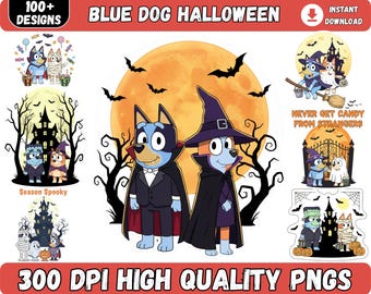 May include: A digital design featuring Bluey and Bingo dressed in Halloween costumes. The image includes a large orange moon, bats, and spooky trees. Text includes "Blue Dog Halloween", "100+ Designs", and "300 DPI High Quality PNGs".