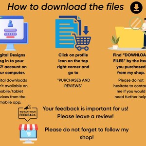 Pu&ograve; includere: Una guida illustrata su come scaricare file digitali da Etsy. L'immagine presenta uno schermo di computer, un carrello della spesa e una persona che guarda una cartella di file. Il testo include istruzioni e un invito a lasciare una recensione.