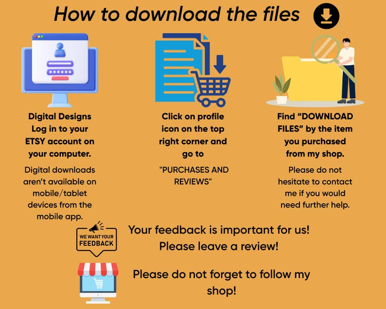 Pu&ograve; includere: Una guida illustrata su come scaricare file digitali da Etsy. L'immagine presenta uno schermo di computer, un carrello della spesa e una persona che guarda una cartella di file. Il testo include istruzioni e un invito a lasciare una recensione.