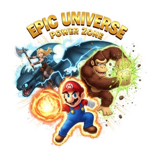 Pu&ograve; includere: Grafica colorata con personaggi di videogiochi popolari. Il testo dorato recita "EPIC UNIVERSE POWER ZONE". Mario con una palla di fuoco, un cavaliere di drago e Donkey Kong con un'esplosione di energia verde.