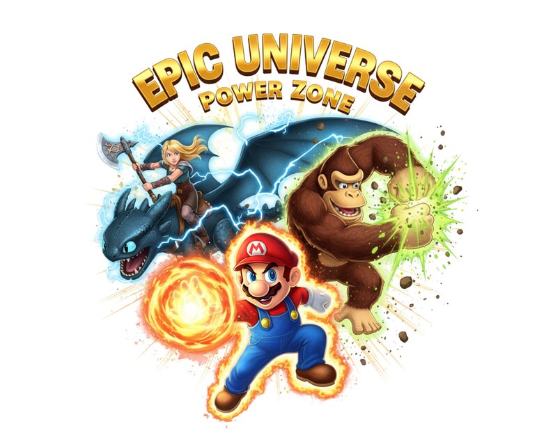Pu&ograve; includere: Grafica colorata con personaggi di videogiochi popolari. Il testo dorato recita "EPIC UNIVERSE POWER ZONE". Mario con una palla di fuoco, un cavaliere di drago e Donkey Kong con un'esplosione di energia verde.