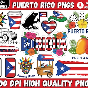 Op de afbeelding: Een verzameling kleurrijke PNG-ontwerpen met Puerto Rico-thema. Bevat een koffiekopje, kikker, hart, dominostenen, jeep, vlag, mango en meer. Tekst bevat "Puerto Rico", "Boricua" en "300 DPI High Quality PNGs".