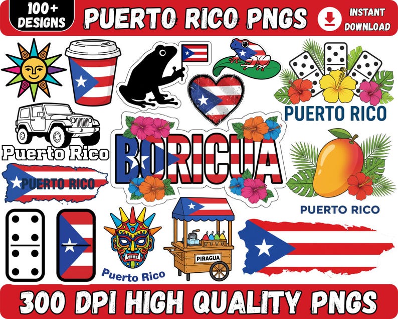 Op de afbeelding: Een verzameling kleurrijke PNG-ontwerpen met Puerto Rico-thema. Bevat een koffiekopje, kikker, hart, dominostenen, jeep, vlag, mango en meer. Tekst bevat "Puerto Rico", "Boricua" en "300 DPI High Quality PNGs".