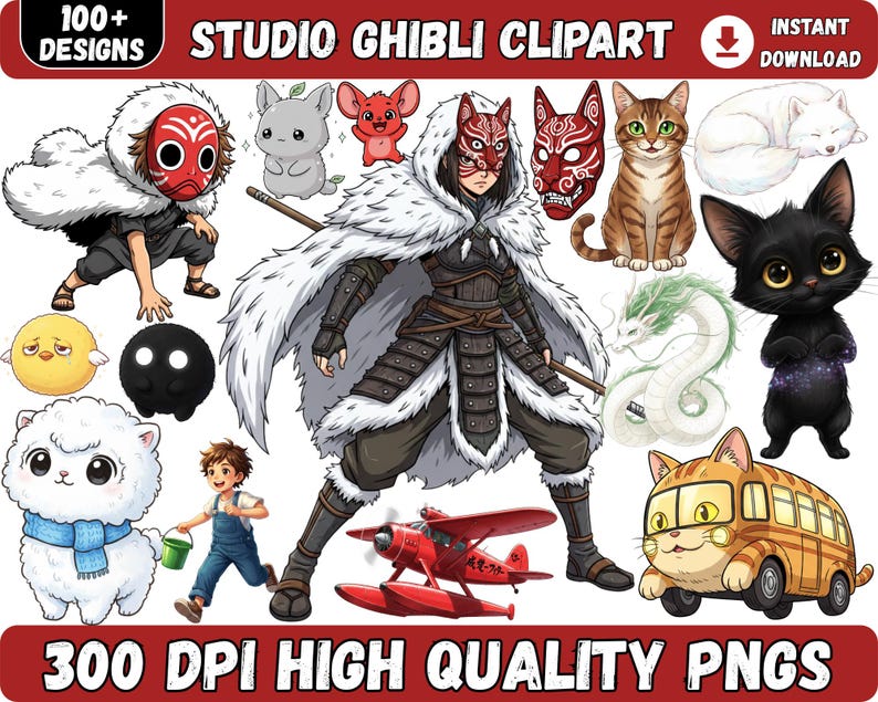 May include: A digital collection of Studio Ghibli clipart designs. The image showcases characters and elements from Studio Ghibli films, including masked figures, cats, and a bus. Text includes "100+ Designs" and "300 DPI High Quality PNGs."