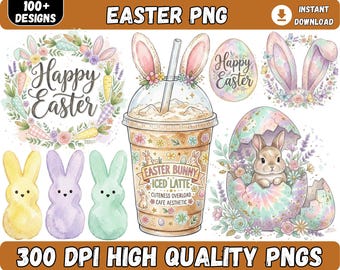 Pacote com mais de 100 imagens PNG de Páscoa, incluindo designs para camisetas, imagens de coelhinhos da Páscoa em PNG, arquivos SVG de Páscoa, imagens de marshmallows de Páscoa em PNG, imagens de Páscoa modernas em PNG e imagens de Páscoa cristãs em PNG.