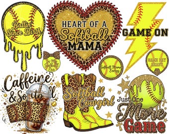 Softball PNG Bundle Coquette Bow Retro Game Day Softball Junkie Mama Tis The Season Summer Nights Heart On Field Ballpark Kinda Day