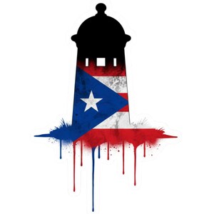 Op de afbeelding: Zwart silhouet van een wachthuisje met een ontwerp van de Puerto Ricaanse vlag. De kleuren rood, wit en blauw van de vlag zijn verwerkt in het ontwerp, met een druipend verfeffect aan de onderkant. De afbeelding staat op een witte achtergrond.
