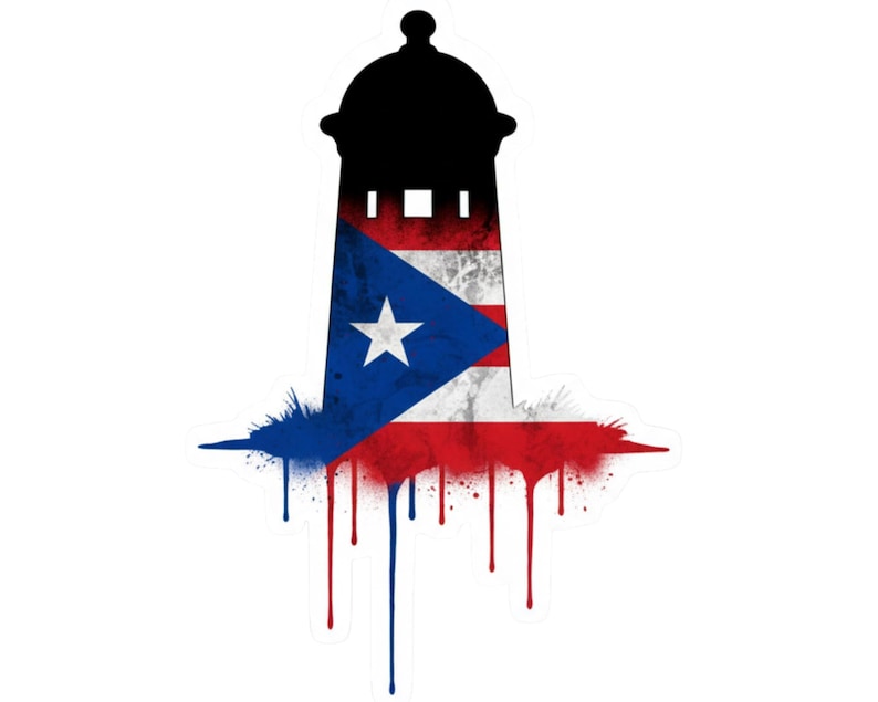 Op de afbeelding: Zwart silhouet van een wachthuisje met een ontwerp van de Puerto Ricaanse vlag. De kleuren rood, wit en blauw van de vlag zijn verwerkt in het ontwerp, met een druipend verfeffect aan de onderkant. De afbeelding staat op een witte achtergrond.