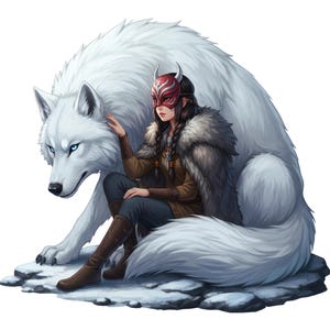 May include: An illustration of a woman wearing a red mask with horns, seated beside a large white wolf. The woman is dressed in a brown jacket, dark trousers, and brown boots. The wolf has blue eyes and fluffy white fur.