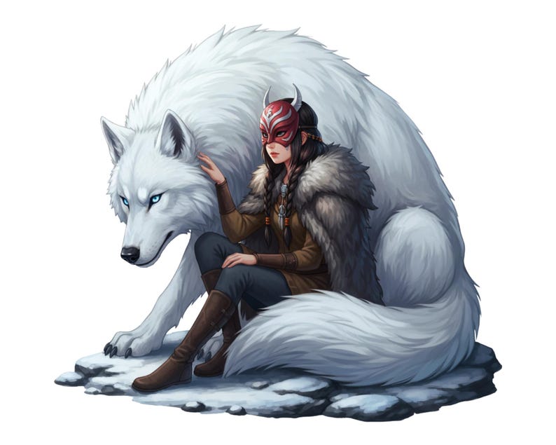 May include: An illustration of a woman wearing a red mask with horns, seated beside a large white wolf. The woman is dressed in a brown jacket, dark trousers, and brown boots. The wolf has blue eyes and fluffy white fur.