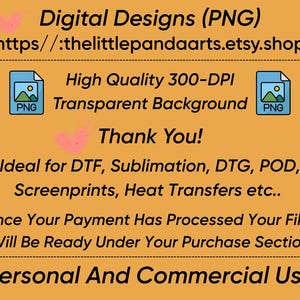 Op de afbeelding: Een oranje achtergrond met de tekst "Digital Designs (PNG)" en een shop-URL. Het bevat ook "High Quality 300-DPI Transparent Background" en "Personal And Commercial Use". Er zijn PNG-bestandspictogrammen en roze hartafbeeldingen.