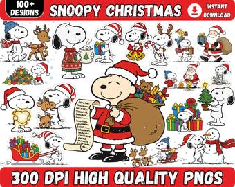 May include: A collection of Snoopy Christmas-themed PNG designs. The images feature Snoopy in various holiday scenes, including Santa Claus, reindeer, and Christmas trees. The designs are colorful and festive, perfect for digital crafts.