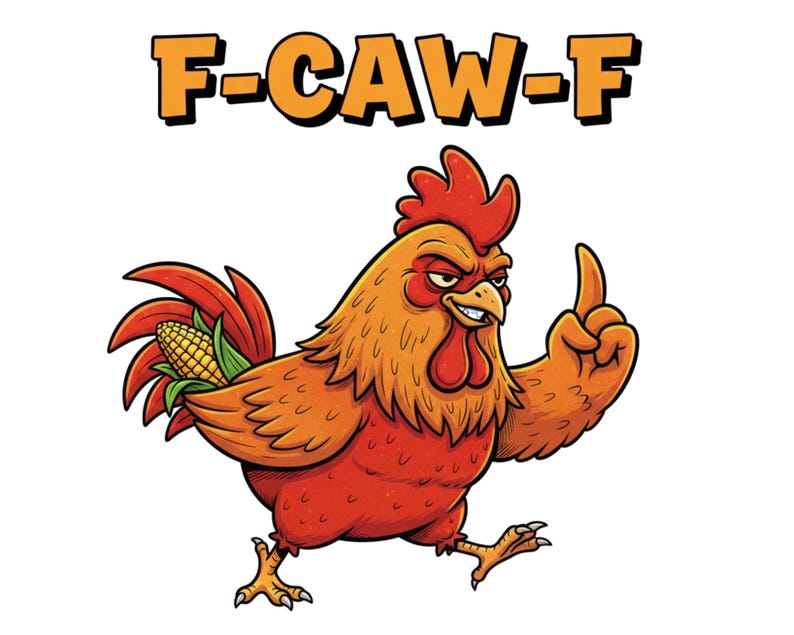 Pu&ograve; includere: Illustrazione di un gallo rosso e arancione con una coda di pannocchia, che fa un gesto osceno. Il testo "F-CAW-F" in arancione &egrave; sopra il gallo. Il gallo ha un becco e zampe gialle.