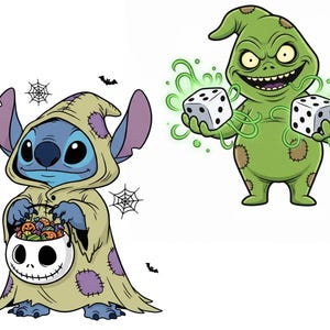 Pu&ograve; includere: Due illustrazioni di cartoni animati su sfondo bianco. Uno mostra un personaggio alieno blu in un costume con cappuccio beige che tiene in mano un secchio di caramelle di Jack Skellington. L'altro &egrave; un personaggio verde che tiene due dadi. Sono presenti anche pipistrelli e ragnatele.