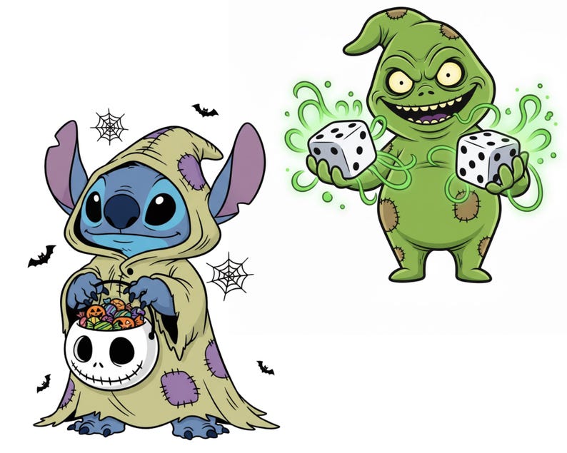 Pu&ograve; includere: Due illustrazioni di cartoni animati su sfondo bianco. Uno mostra un personaggio alieno blu in un costume con cappuccio beige che tiene in mano un secchio di caramelle di Jack Skellington. L'altro &egrave; un personaggio verde che tiene due dadi. Sono presenti anche pipistrelli e ragnatele.