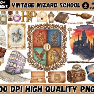 Pode incluir: Uma coleção de ilustrações em aquarela com o tema da escola de magia vintage. A imagem inclui um brasão de Hogwarts, um ônibus de dois andares, uma vassoura, um chapéu de mago, uma coruja e o texto "VINTAGE WIZARD SCHOOL".