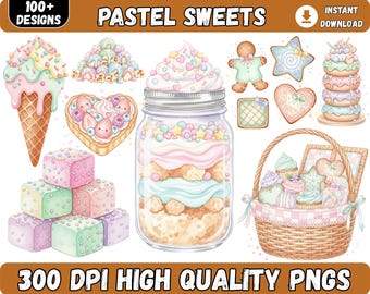 Pakiet ponad 100 pastelowych cukierków clipart png, słodkie smakołyki PNG, smakołyki clipart, babeczka, wata cukrowa, lody, cukierki, słodycze, do użytku komercyjnego