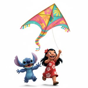 Pu&ograve; includere: Un colorato aquilone con un design tropicale &egrave; fatto volare da una ragazzina in un vestito rosso, accompagnata da un personaggio dei cartoni animati blu. L'aquilone presenta pannelli rosa, gialli e turchese con motivi floreali e di palme e una coda a strisce.