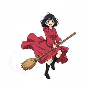 May include: Anime-style illustration of a person with black hair wearing a red hooded dress and black boots, holding a broom. The person is smiling and appears to be flying. The background is white.