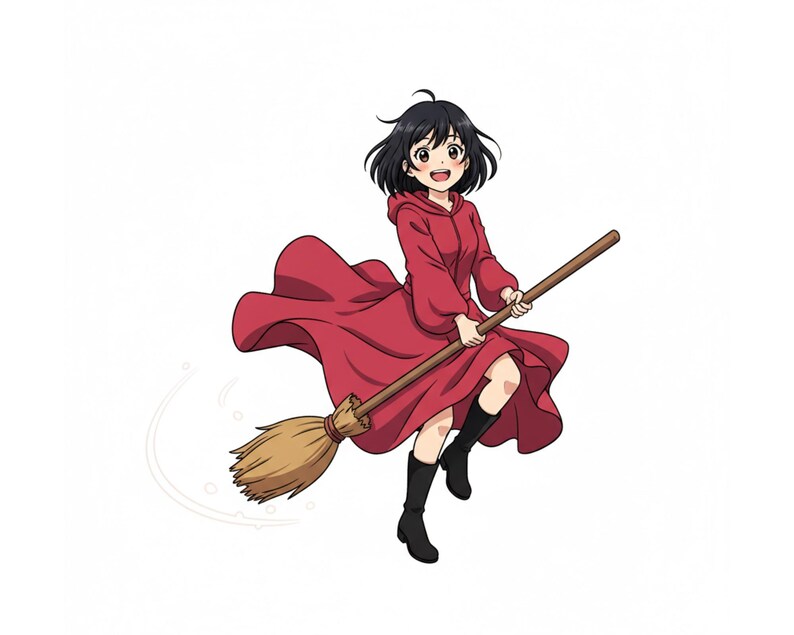 May include: Anime-style illustration of a person with black hair wearing a red hooded dress and black boots, holding a broom. The person is smiling and appears to be flying. The background is white.