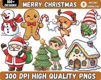 100+ Merry Kawaii Christmas Clipart, Cute Christmas PNG, Holiday PNG, Santa, Reindeer, Snowman, Christmas stickers, digital download.