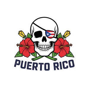 Op de afbeelding: Een witte schedel met een ooglapje met de vlag van Puerto Rico, omringd door rode hibiscusbloemen en groene bladeren. De tekst "PUERTO RICO" is eronder in blauw gedrukt.