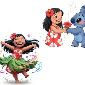 Pu&ograve; includere: Illustrazione digitale con personaggi di un popolare film d'animazione. Una ragazza con un vestito rosso con fiori bianchi e una gonna verde balla. Un'altra immagine mostra la ragazza che d&agrave; fiori a un alieno blu. Entrambi i personaggi hanno fiori nei capelli.