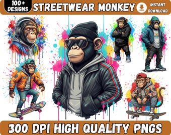 100+ png BUNDLE Streetwear Monkey Clipart PNG Monkey Design for Sublimation Png 300DPI High Resolution Png Tshirt Mug Tumpler Cartoon Monkey