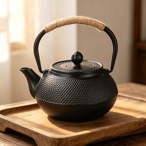 May include: A black cast iron teapot with a textured surface and a rope-wrapped handle. The teapot has a spout and a lid with a small knob. It sits on a wooden tray, suggesting a tea-making theme.
