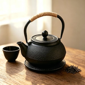 May include: Black cast iron teapot with a textured surface and a woven handle. A matching cup and saucer sit beside the teapot. A small pile of tea leaves is also present, suggesting a tea-drinking theme.