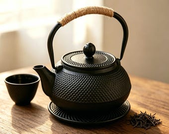 ステンレス製茶こし付き日本製鋳鉄製ティーポットセット、ビンテージドット柄コンロ対応ケトル、ティーカップ、コースター、ティーツール、家庭用ティーウェア