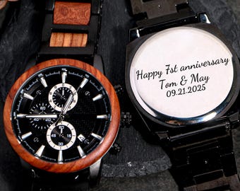 Regalo de 7.º aniversario para él, reloj de madera personalizado, reloj grabado, reloj de madera para hombre, regalo para él, regalo de bodas para el esposo, regalo de aniversario.