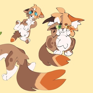 Könnte beinhalten: Illustration von drei Cartoon-Katzen in verschiedenen Posen. Die Katzen haben braunes, orangefarbenes und weißes Fell mit grünen Augen. Der Hintergrund ist hellgelb. Der Text "SWEETBERRY" und japanische Schriftzeichen befinden sich auf der rechten Seite.