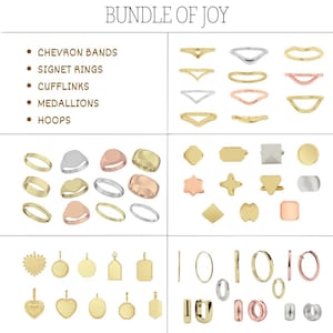May include: A collection of jewelry pieces, including chevron bands, signet rings, cufflinks, medallions, and hoops. The jewelry is displayed in gold, silver, and rose gold tones. The text "BUNDLE OF JOY" is at the top.