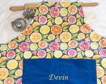 Personalized Lemons, Limes and Oranges on Navy Adult Apron - your choice of pocket color - made to order