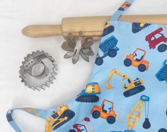 Construction Trucks on Blue Child Apron - ready to ship