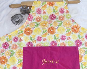 Personalized Lemons, Limes and Oranges on White Adult Apron - your choice of pocket color - made to order